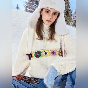 Cozy White Fleece Granny Square Crochet Hoodie